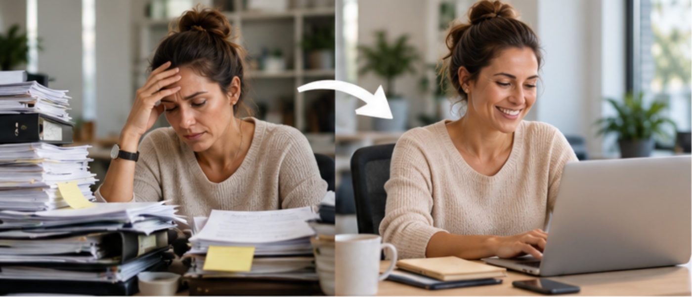 A business owner buried in paperwork, then smiling at her laptop once it is all in Workplace Automate