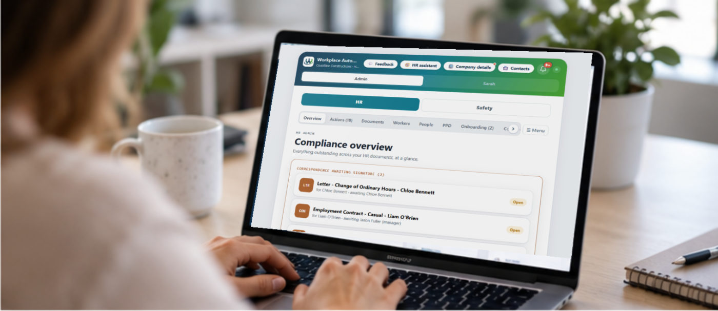 The Workplace Automate HR compliance overview on a laptop