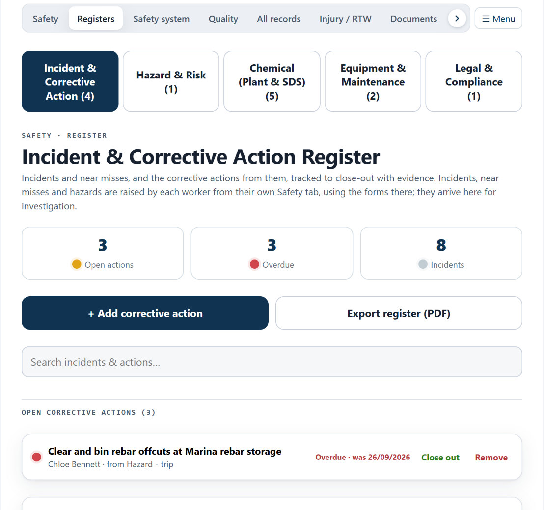 The Incident and Corrective Action Register in Workplace Automate