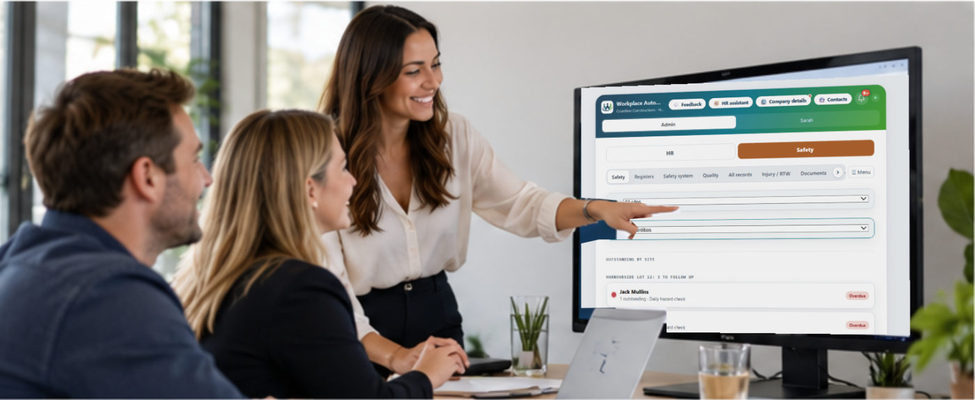 A team looking at the Workplace Automate safety dashboard on a monitor