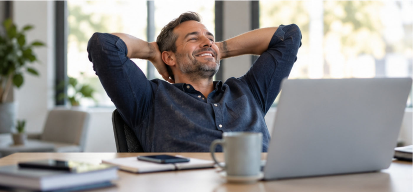 A relaxed business owner leaning back from his laptop